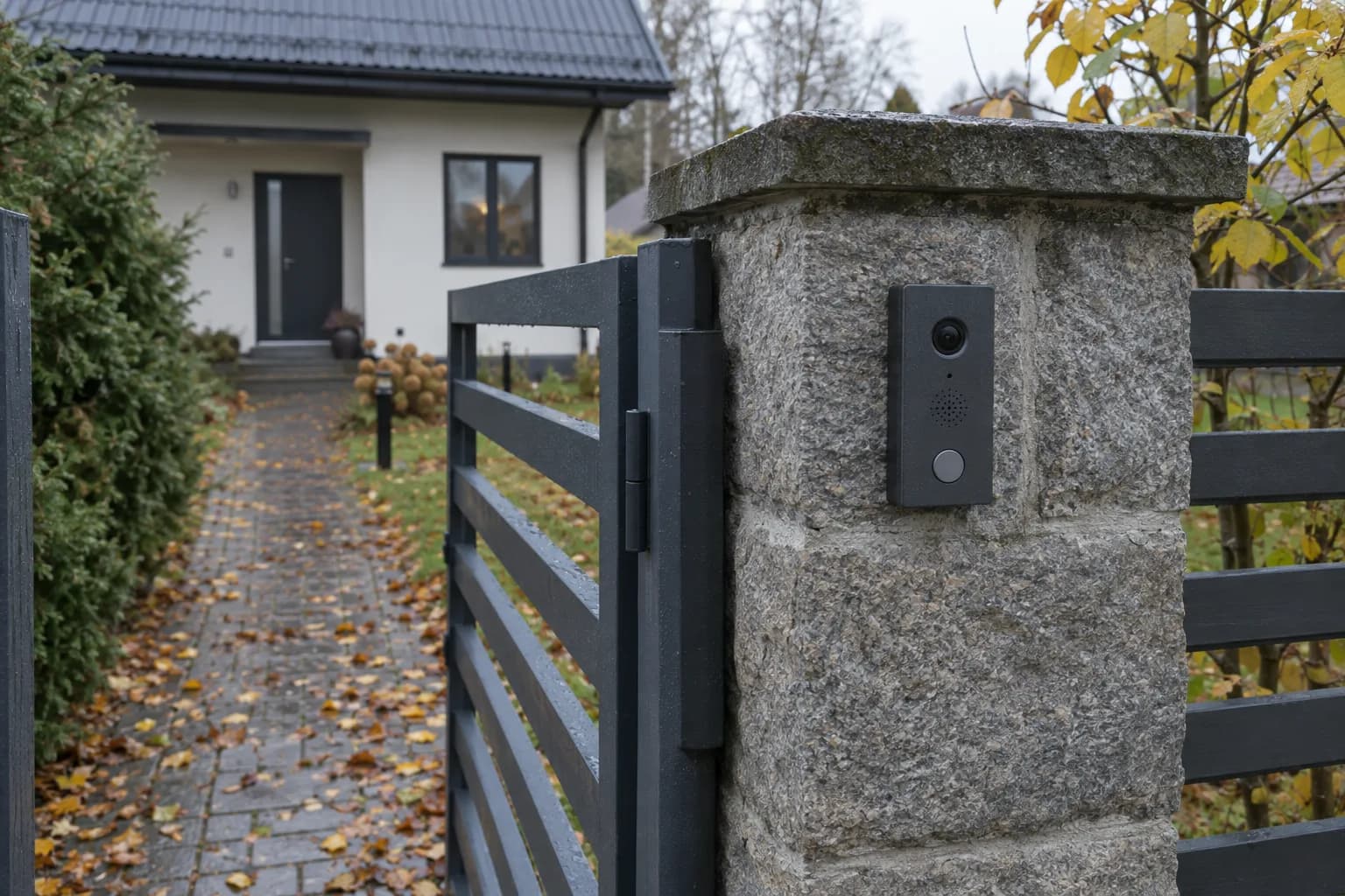 Tume videoga uksetelefon kivist väravapostil, taga kõnnitee ja valge eramaja