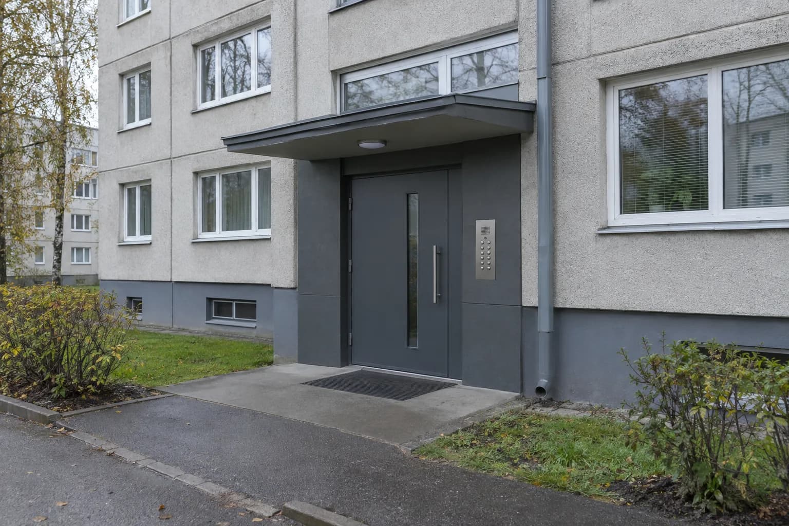 Renoveeritud paneelmaja trepikoja välisuks, selle kõrval roostevabast terasest uksetelefoni paneel