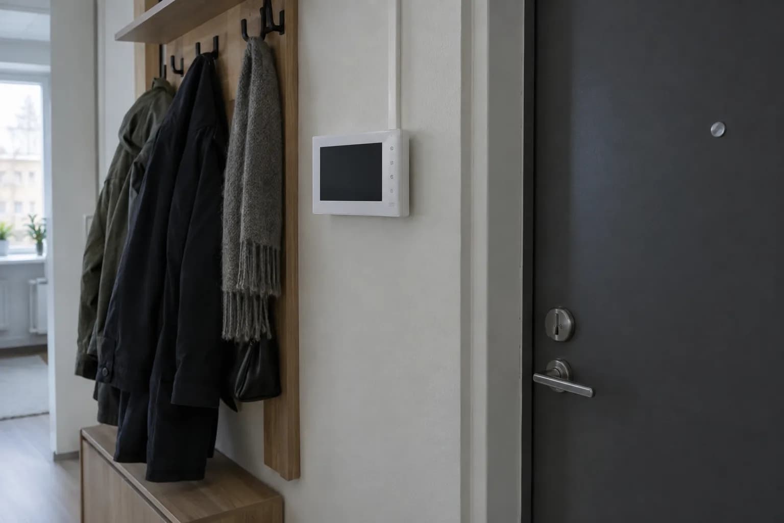 Valge ekraaniga uksetelefoni siseseade korteri esikus välisukse kõrval