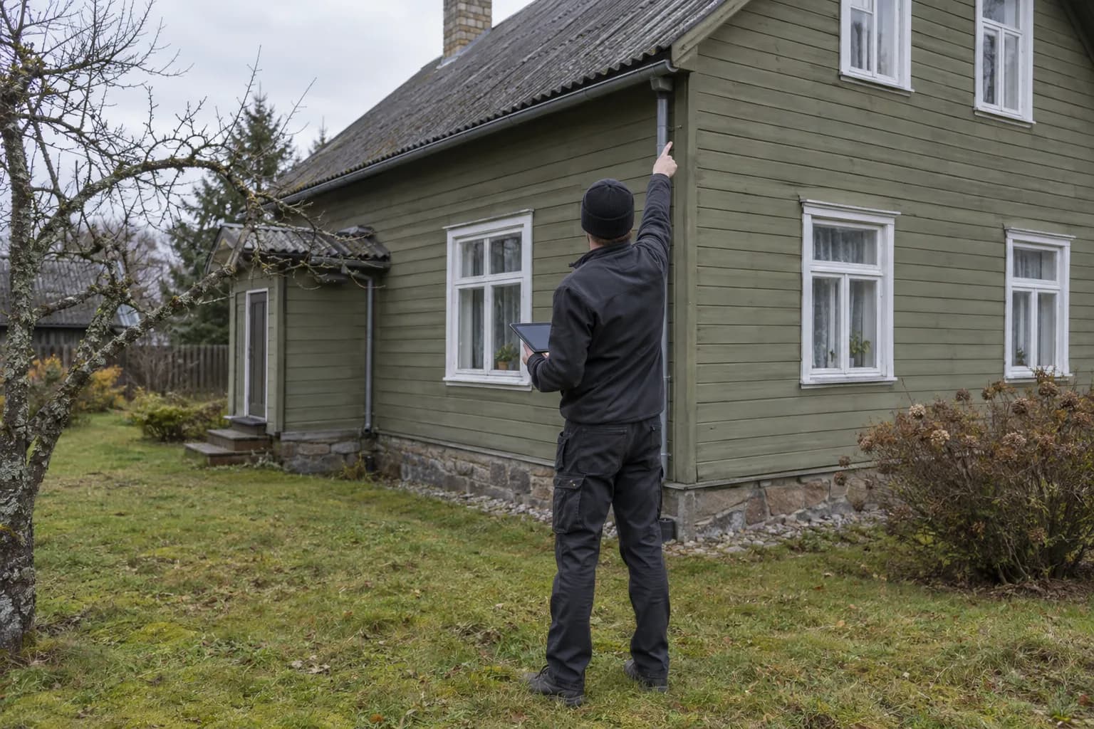 Paigaldaja seisab vana puitmaja hoovis ja näitab fassaadi nurgale, käes tahvelarvuti