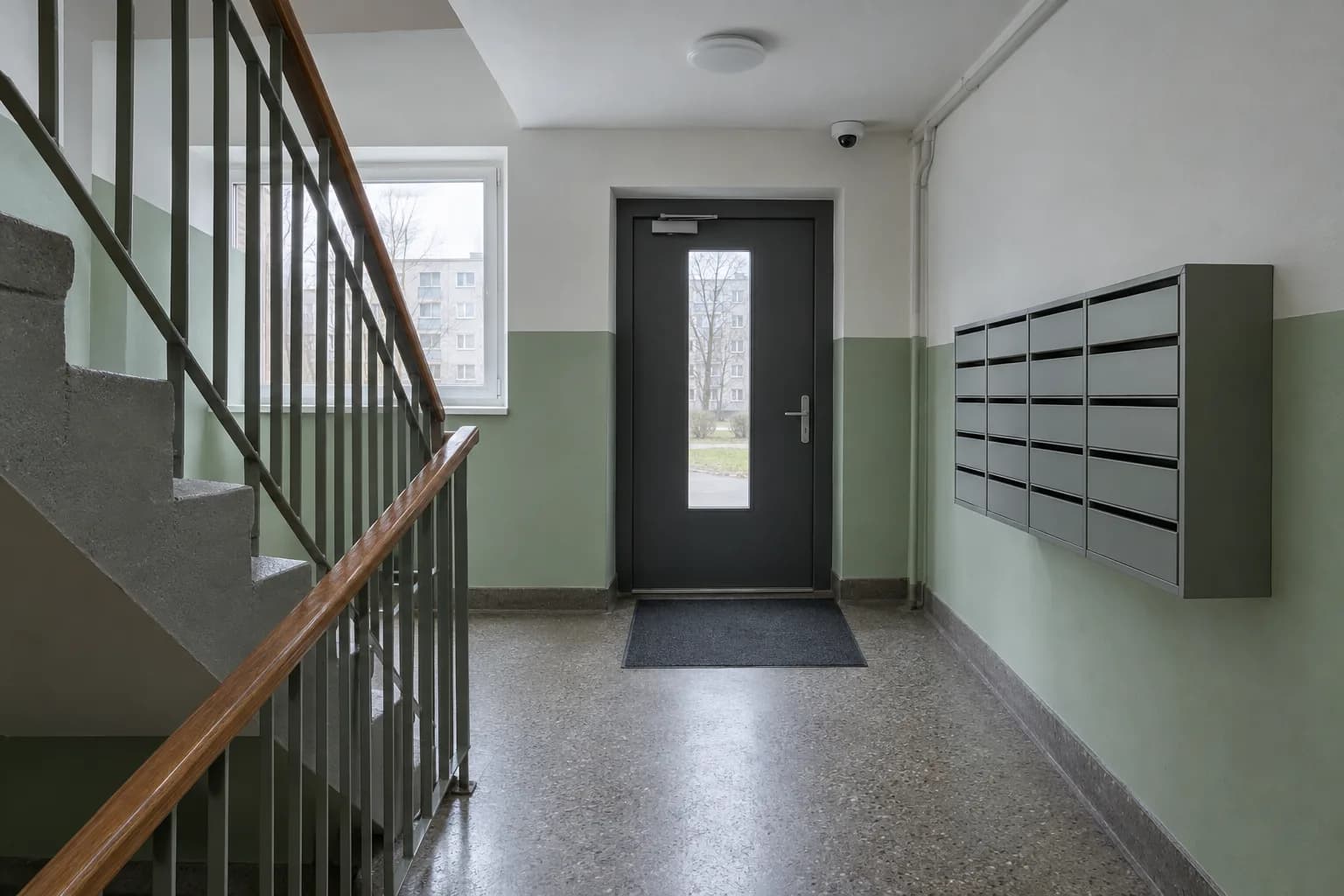 Renoveeritud kortermaja trepikoda, välisukse kohal laes väike kuppelkaamera, seinal postkastid